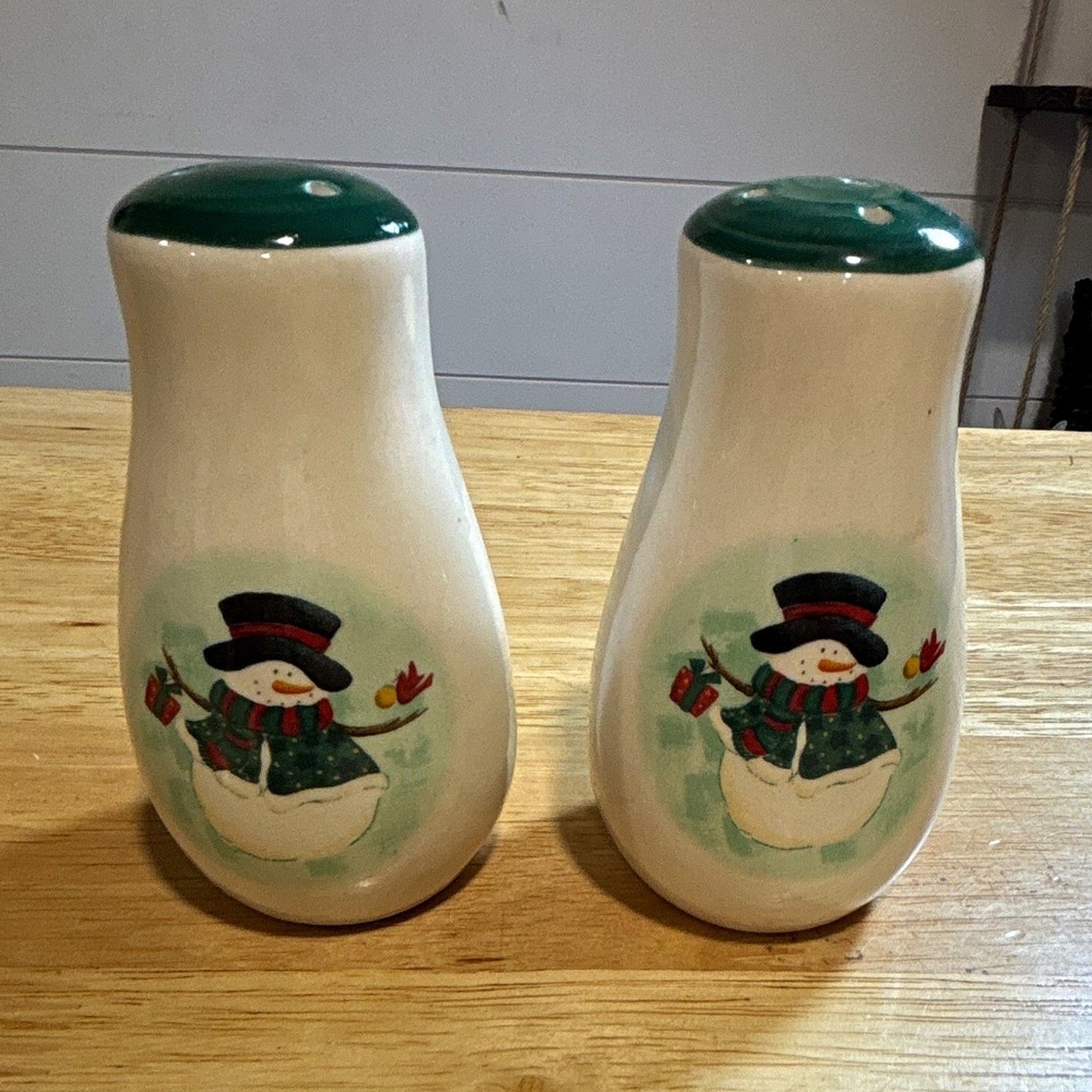 Hand Painted Ceramic Snowman Salt & Pepper Shakers Set of 2 Glossy China 4.25in